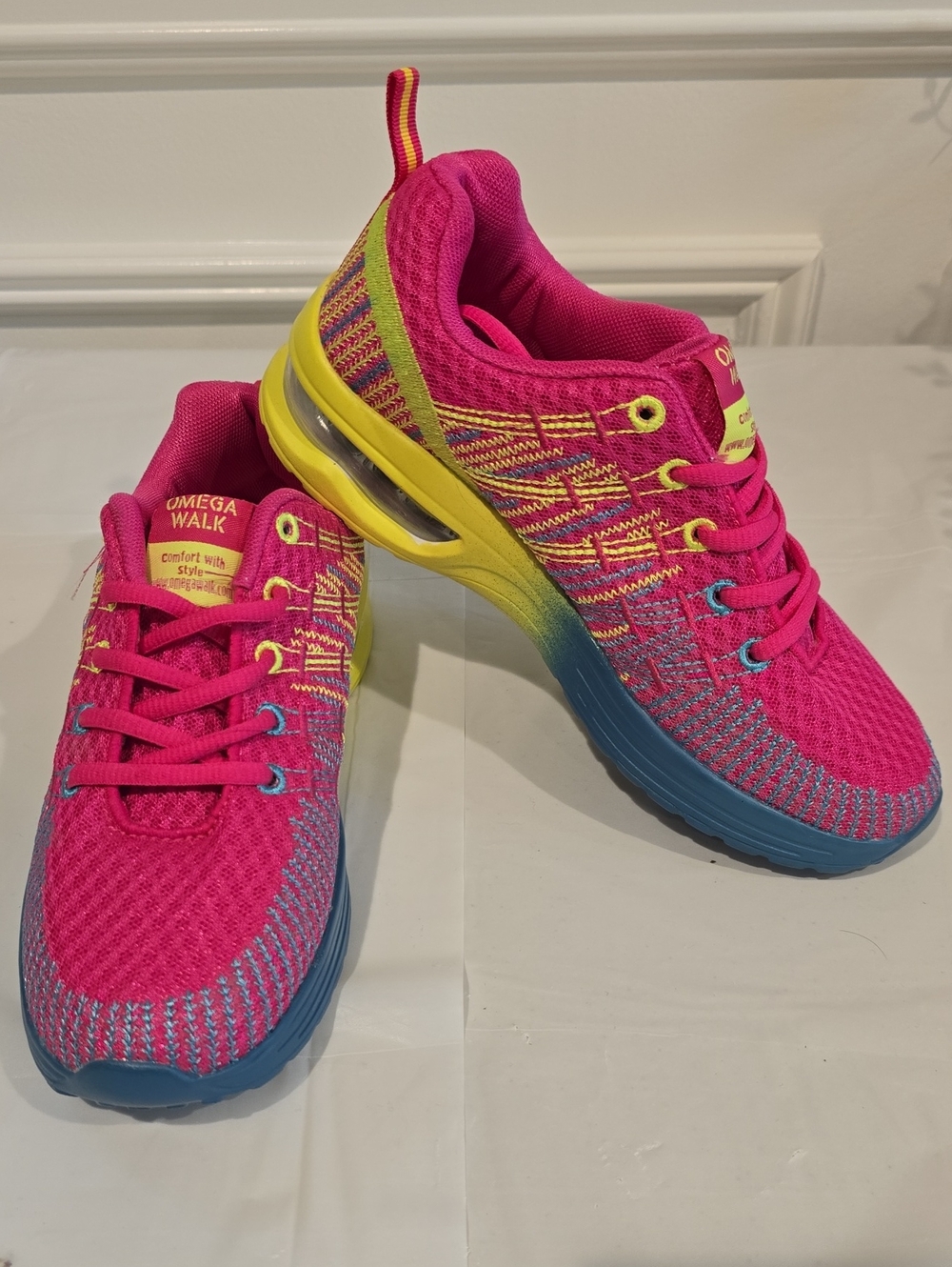 Omega Walk Women's Athletic Sneakers - Vibrant Rose Red, Yellow & Blue - Size 7